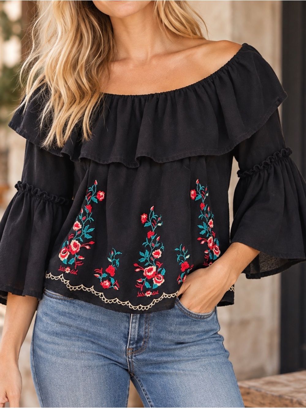 Flying Tomato L Black Ruffled Folk Floral Embroidered Top Bell Sleeves Boho